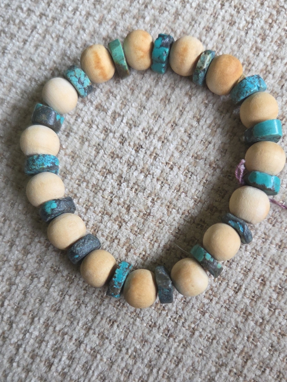 Turquoise and Wood Beaded Stretch Bracelet